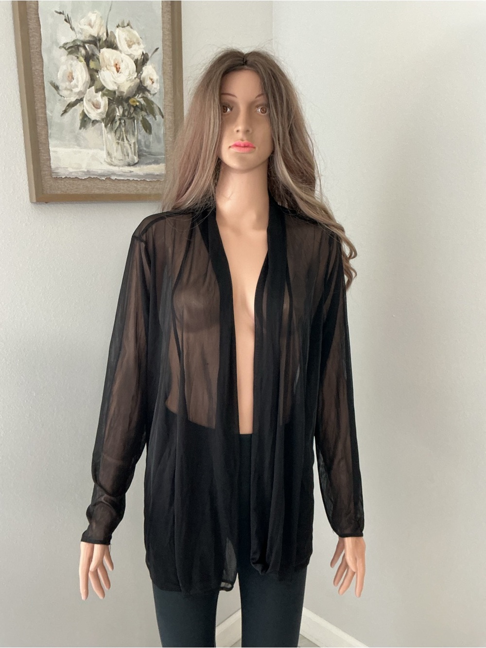 Sheer Black Open-Front Women's Robe r - Picture 2 of 8